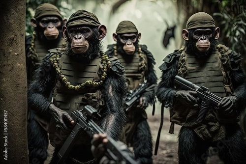 Chimpanzee soldiers with guns going through the jungle. Generative AI