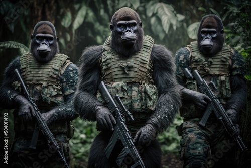 Gorillas soldiers with guns going through the jungle. Generative AI