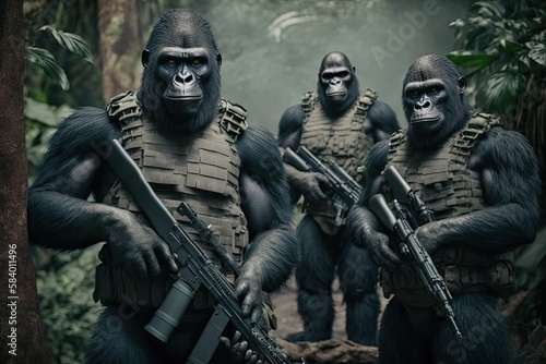 Gorillas soldiers with guns going through the jungle. Generative AI