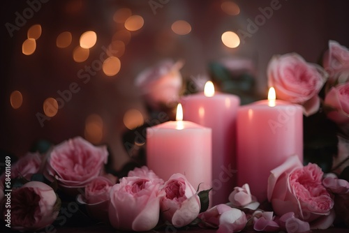  three pink candles with pink flowers on a table with lights in the background.  generative ai
