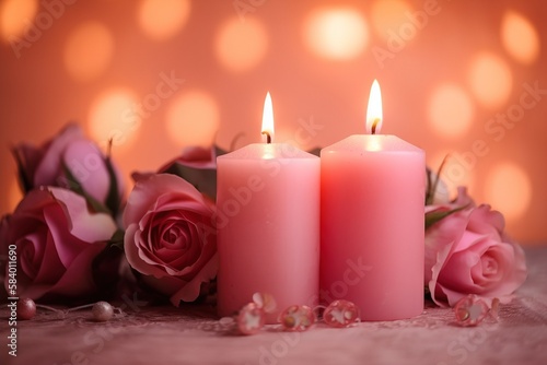  two pink candles with pink roses on a pink tablecloth. generative ai