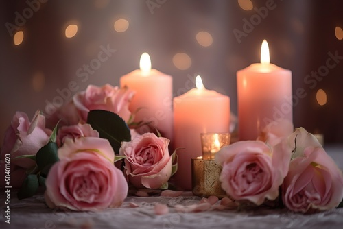 a bunch of pink roses sitting next to some lit candles. generative ai