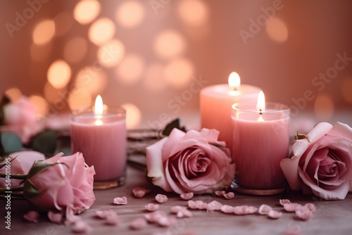  a group of three candles with pink roses on a table.  generative ai