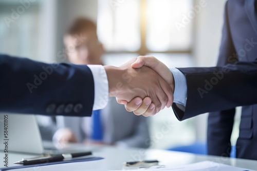 Young successful business people shaking hands in an office after the meeting, illustration, AI generated photo