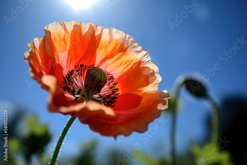  a bright orange flower with a blue sky in the background.  generative ai
