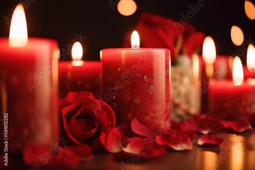  a group of candles with red roses on the table next to them. generative ai