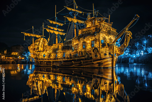 pirates ship in open sea, night scene with reflection , created using AI tools photo