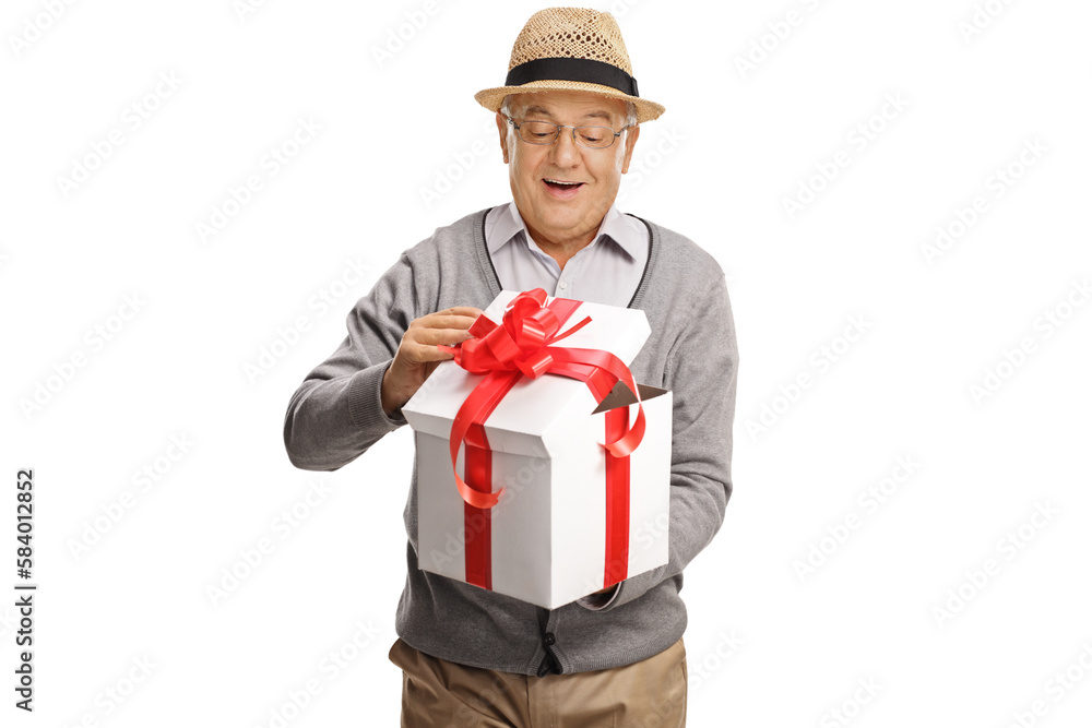 Senior man opening a present box Senior man opening a present box