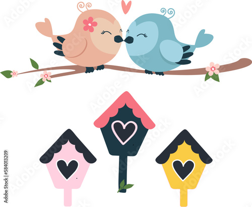 Two lovebirds on a branch with leaves with birdhouses. Spring, bright color vector illustration, postcard in a flat style. Isolated on a white background. Isolated