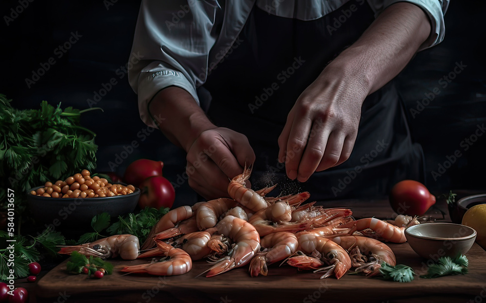 Seafood, Professional cook clean and prepares shrimps. Cooking seafood on a dark background. Generative AI.
