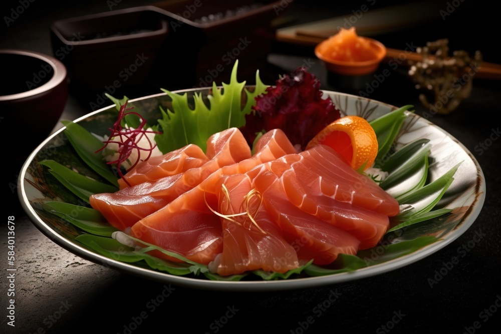  a plate of sashimi and a bowl of sushi.  generative ai