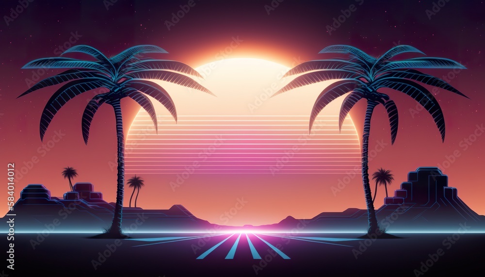 Palm island retro wave . Creative illustration. (Ai Generate)