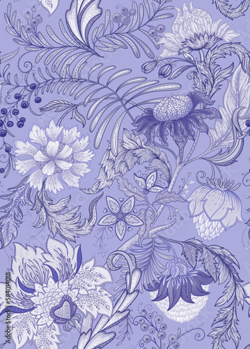 Fantasy flowers in retro, vintage, jacobean embroidery style. Seamless pattern, background. Vector illustration.