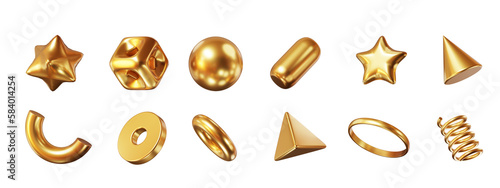 3d set gold shapes: square, sphere, pyramid, torus, star, ring, puck, cylinder, cone, icosphere, spiral. Metal simple figures for your design on isolated background. 3d rendering illustration © Игорь Жуков
