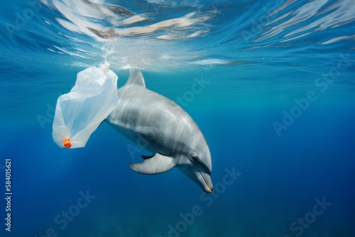 dolphin swimming at the bottom of the sea with plastic bag. Underwater animals damaged by garbage in the water. ecological catastrophe. Plastic pollution in the ocean, generative ai © tetxu