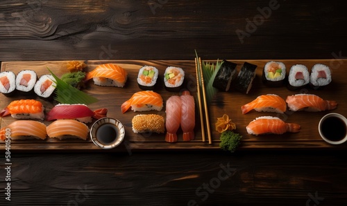  a wooden tray topped with lots of different types of sushi. generative ai