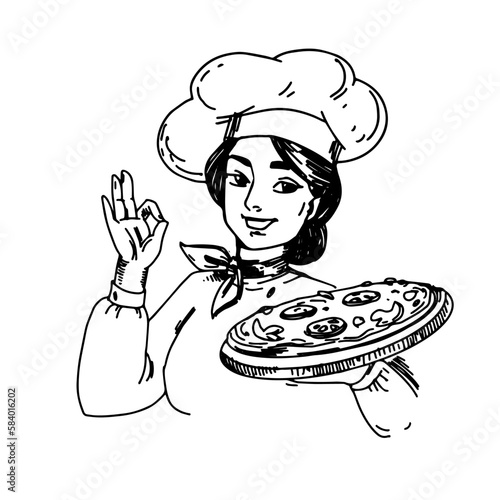 Smiling lady chef in a hat, vintage woman cook with pizza. Line art black and white drawing, hand drawn illustration, design for pizzeria.