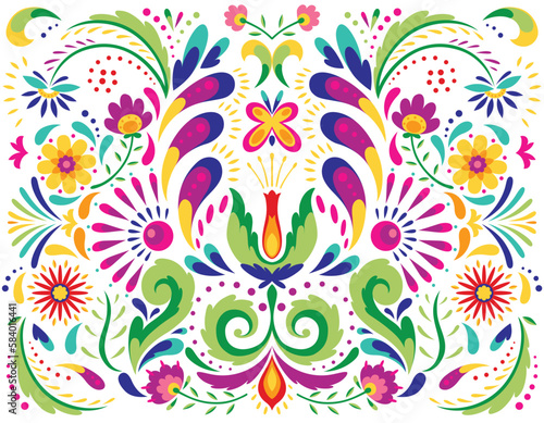 Mexican flower traditional pattern background. Ethnic embroidery decoration ornament. Flower symmetry texture. Ornate folk graphic  wallpaper. Festive mexican floral motif. Vector illustration