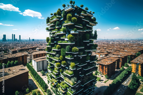 2 Point perspective of Bosco Verticale Milano Residential building, Vertical Porta Nuova Residential area in italy, generative ai, Vertical sustainable green space photo