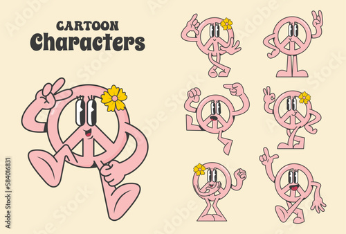 symbol of peace cartoon characters in trendy retro style, flat vector illustration