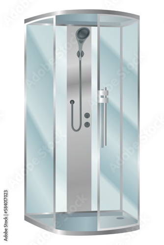 Shower cabin. Elegant bathroom element for bath room interior. Realistic vector cabin with transparent glass doors and modern shower system