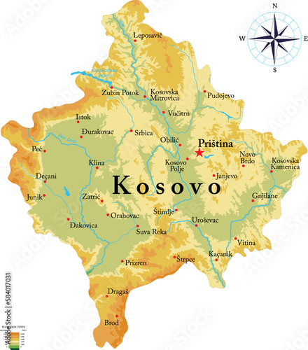 Kosovo highly detailed physical map