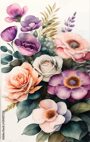 watercolor floral design painting, hand draw digital art, floral illustration
