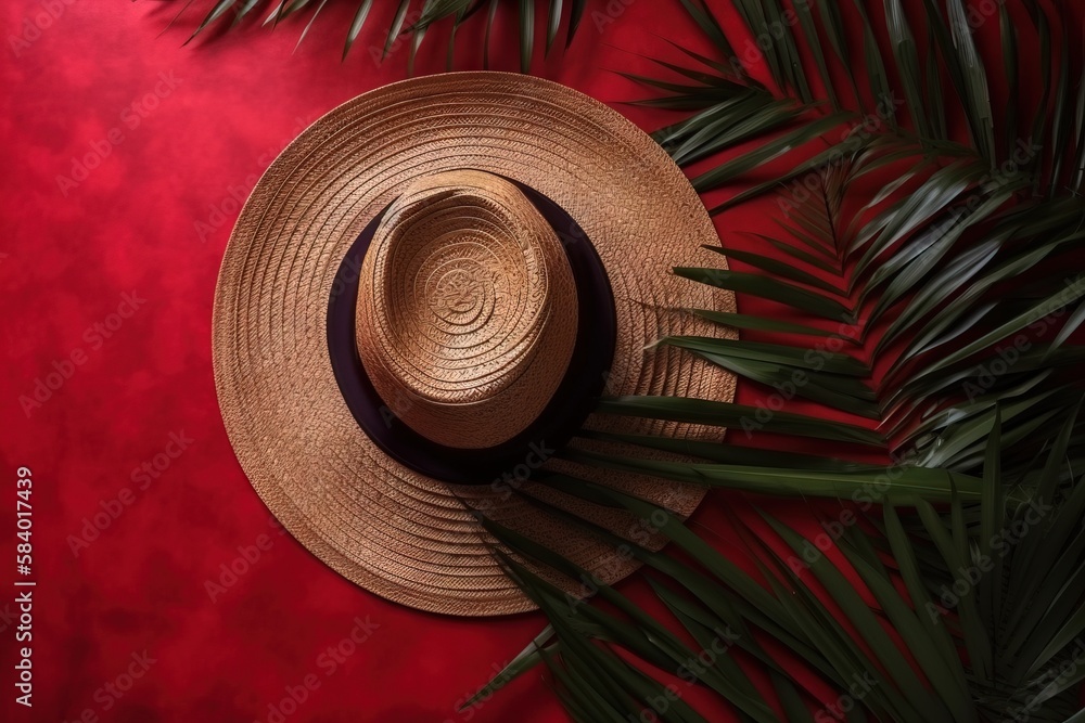  a straw hat on top of a palm leaf on a red background.  generative ai