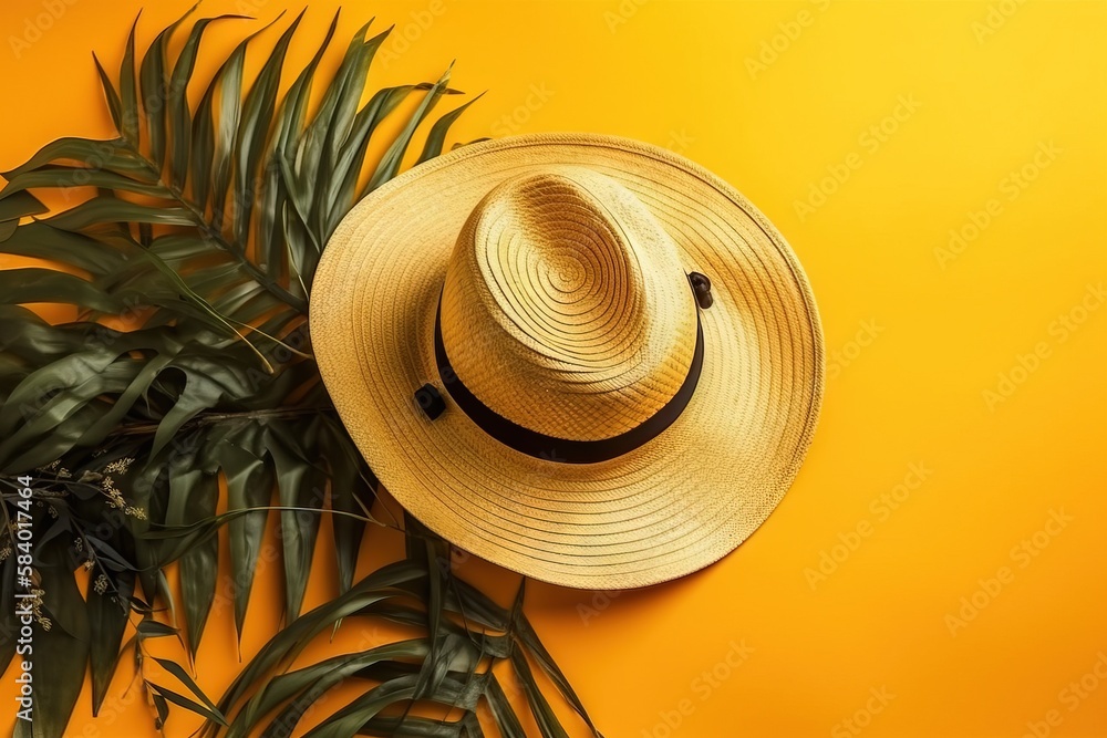  a straw hat and palm leaves on a yellow background with copy space.  generative ai