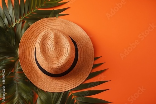  a straw hat on a palm leaf on an orange background. generative ai