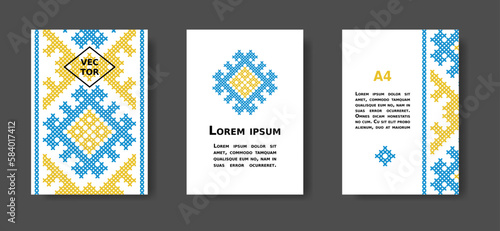 Ukrainian blue and yellow modern cover set. Poster, catalog, magazine, report title set. Vector A4 cover designs in Ukrainian colors. Etnic geometric ornament, print, pattern