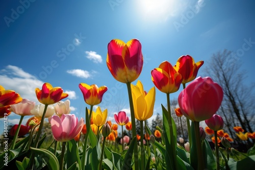  a field of colorful tulips under a blue sky.  generative ai
