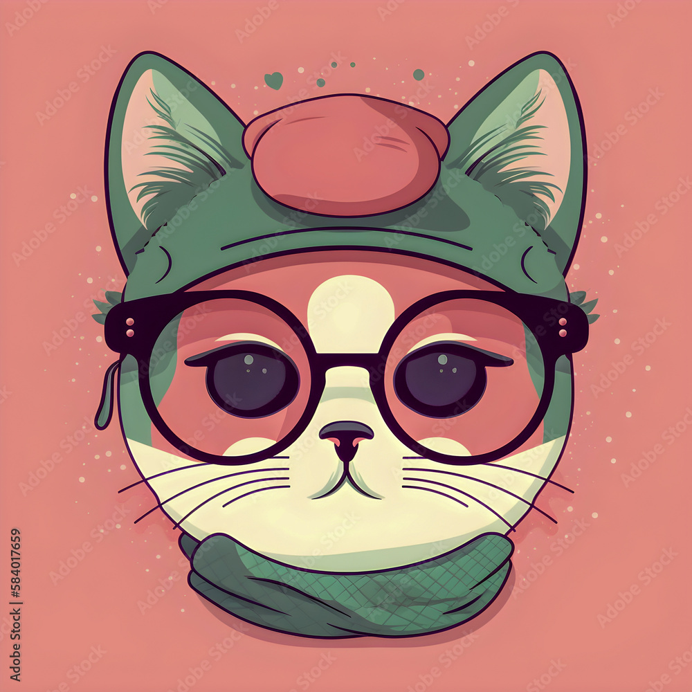 Cute kawaii cat avatar, icon illustration, flat design, Generative AI