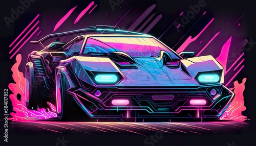 Futuristic modern cyberpunk car Neon . Creative illustration.  Ai Generate 