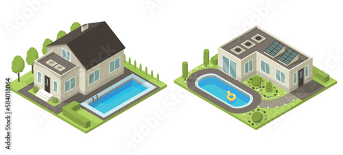 Isometric cottage icon set. Suburb house composition with swimming pool and lawn vector illustration. Infographic element representing suburban building. Private house enterprises of real estate