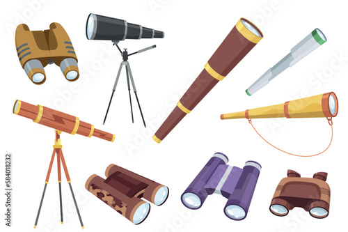 Optical instruments icon for viewing distant objects set. Different devices for education binoculars for scientists and spyglass. Modern isolated vector illustration
