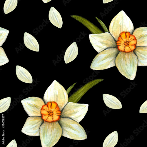 Seamless pattern with watercolor daffodils. Flowers with stem and leaf. Spring botanical illustration isolated on black background