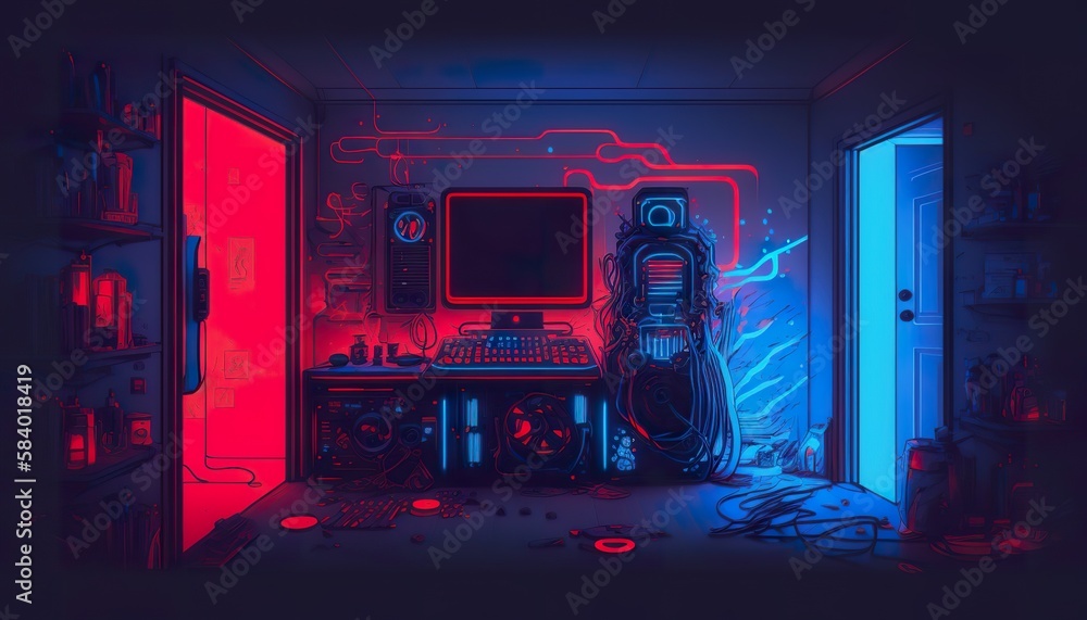Gaming room with hardware and equipment colored . Creative illustration. (Ai Generate)