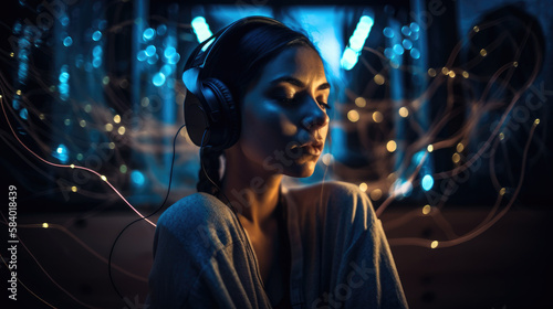 Woman listening to music with ethereal energy flowing. Generative Ai.