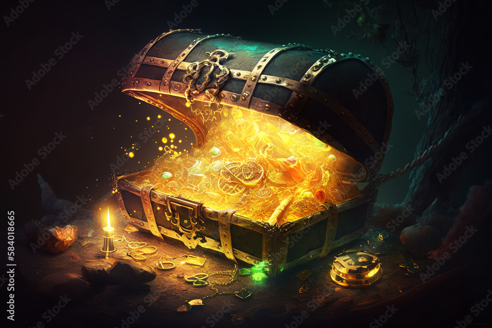 Pirate treasure illustration. A lot of shiny gold in an open chest ...