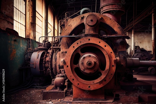 rusting industrial machinery, left behind in abandoned factory, created with generative ai photo