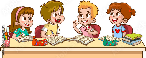 cute little kids studying together cartoon vector illustration