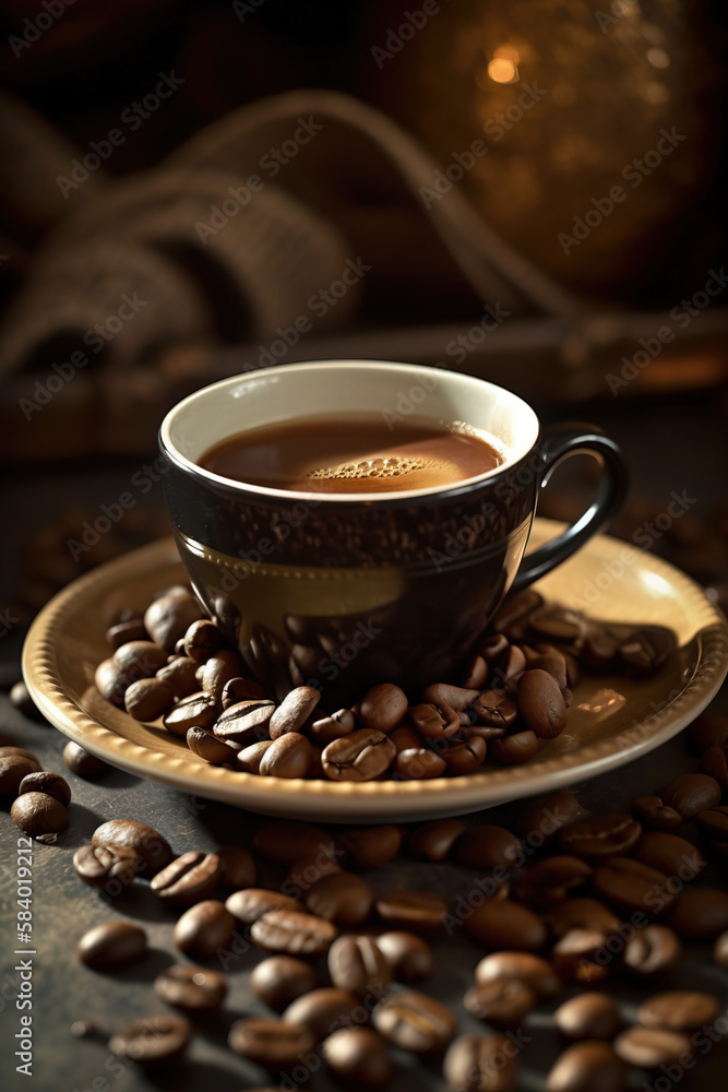 Fototapeta premium cup of coffee with beans on a table 