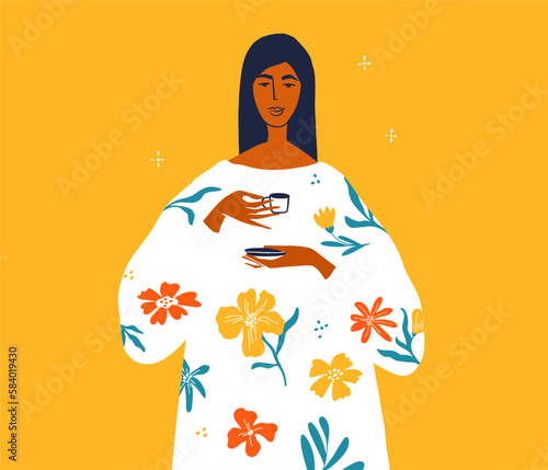 Beautiful woman in white floral dress holding small cup of coffee or tea. Pretty girl with morning drink in hands. Self care routine, love yourself, relax time. Elegant breakfast vector illustration 
