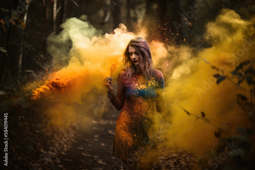 Abstract of woman in a forest covered in rainbow paint with rainbow smoke exploding behind her. Generative Ai.