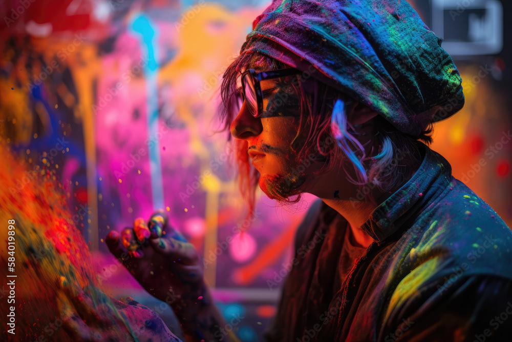 Musician composing art covered in rainbow coloured powder and paint. Generative Ai. Musician composing art covered in rainbow coloured powder and paint. Generative Ai.