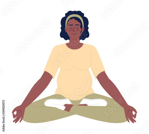 Calm pregnant woman sitting in yoga pose semi flat color vector character. Editable figure. Full body person on white. Simple cartoon style spot illustration for web graphic design and animation