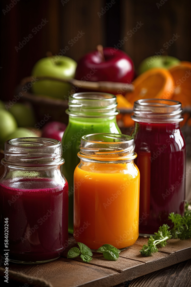 a couple of bottles filled with juice
a couple of bottles filled with juice