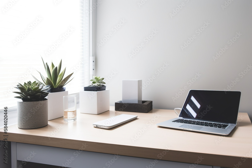 office desk with laptop and plants
office desk with laptop and plants