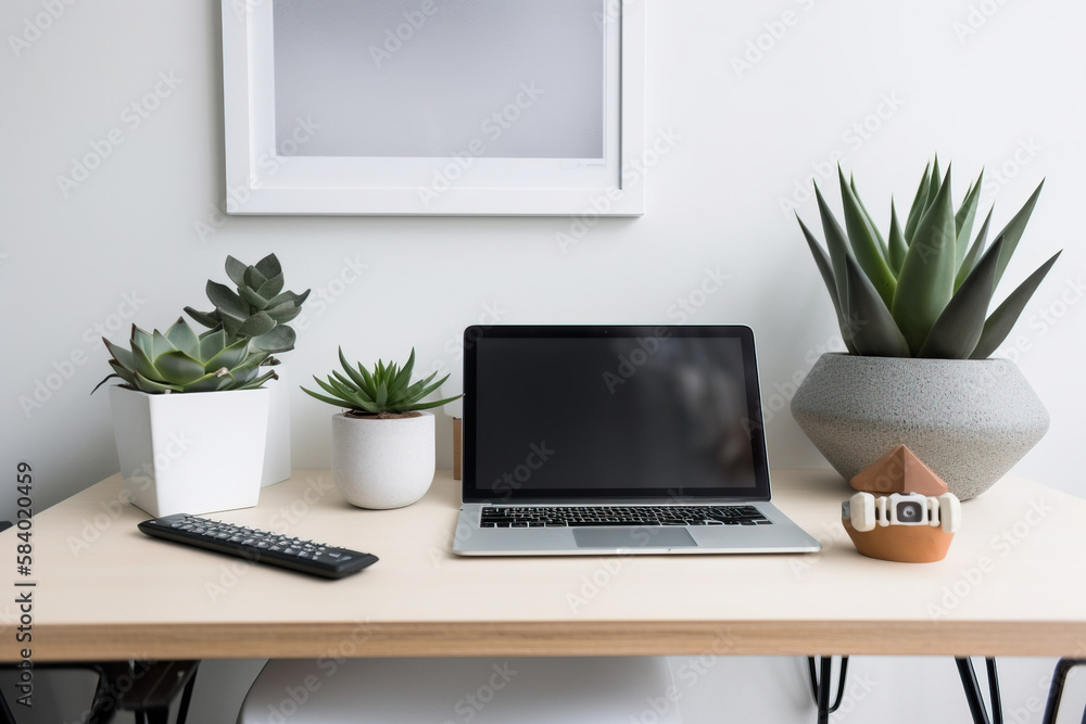 office desk with laptop and plants
office desk with laptop and plants